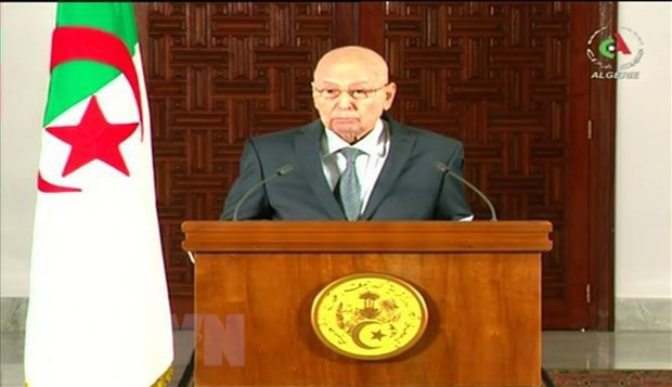 Tổng thống tạm quyền Algeria Abdelkader Bensalah trong bài phát biểu ngày 15/9/2019. (Ảnh: AFP/TTXVN) Bầu cử Tổng thống Algeria: Ra mắt cơ sở dữ liệu quốc gia về bầu cử ảnh 1