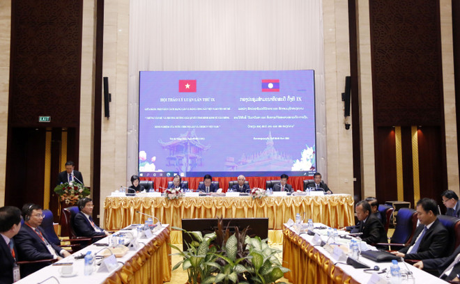 Quang cảnh Hội thảo Lý luận lần thứ 9 giữa Đảng Cộng sản Việt Nam và Đảng Nhân dân Cách mạng Lào. (Ảnh: Phạm Kiên/TTXVN) Tổng Bí thư, Chủ tịch nước Lào tiếp đoàn đại biểu ĐCS Việt Nam ảnh 3