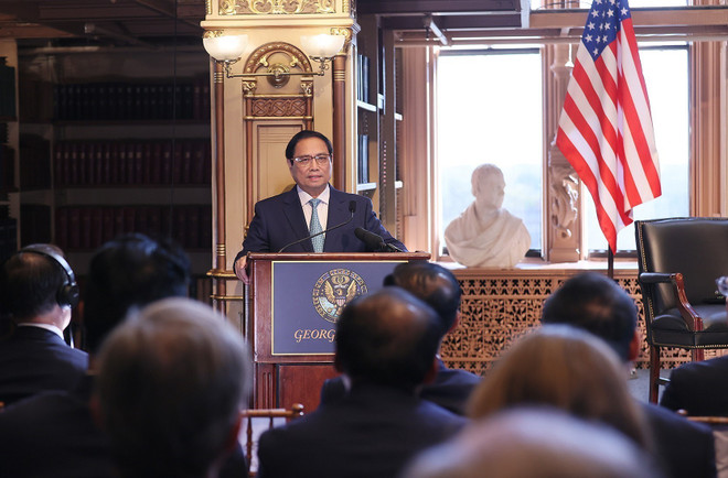 Thủ tướng Phạm Minh Chính phát biểu tại Đại học Georgetown. (Ảnh: Dương Giang/TTXVN) Dư luận Mỹ đánh giá tích cực chuyến thăm của Thủ tướng Phạm Minh Chính ảnh 2