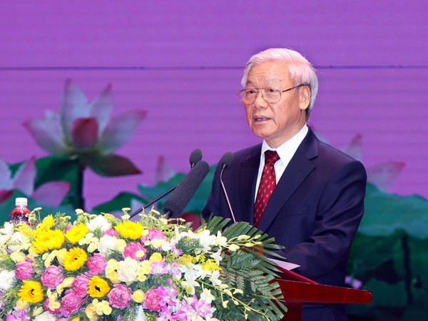 Tổng Bí thư Nguyễn Phú Trọng đọc Diễn văn tại Lễ kỷ niệm. (Ảnh: Nguyễn Dân/TTXVN) Diễn văn của Tổng Bí thư tại Lễ kỷ niệm 125 năm ngày sinh Bác Hồ ảnh 1