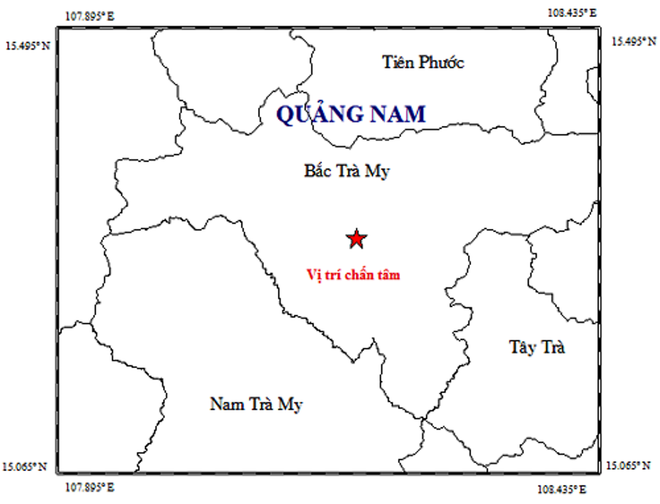 Bản đồ tâm chấn động đất xảy ra tại huyện Bắc Trà My, tỉnh Quảng Nam. (Nguồn: Viện VLĐC) Quảng Nam: Xảy ra trận động đất cường độ 2,8 tại huyện Bắc Trà My ảnh 1