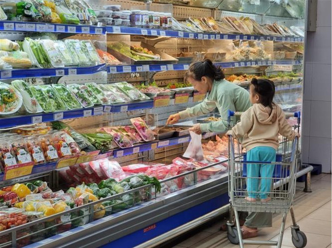 Khách hàng chọn mua thực phẩm tại siêu thị Co.opmart Thanh Hà (thành phố Phan Rang-Tháp Chàm, Ninh Thuận). (Ảnh: Nguyễn Thành/ TTXVN) TTXVN_2906banlehangVietnam2.jpg