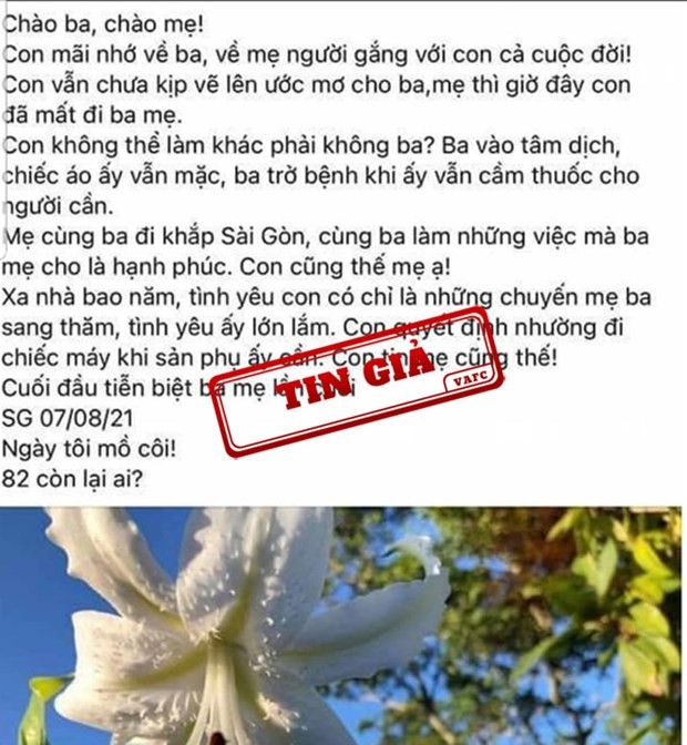 Nội dung bài viết được chia sẻ rất nhiều trên mạng xã hội vào ngày 7/8 vừa qua. (Ảnh: VAFC) Thực hiện Quy tắc 5K để phòng, tránh thông tin giả, tin sai sự thật ảnh 1