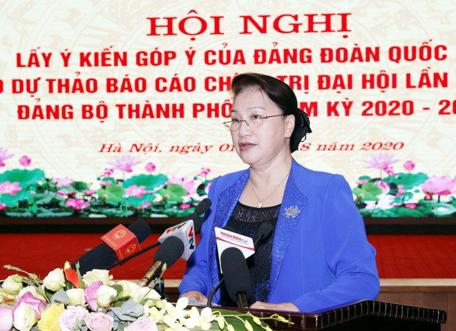 Chủ tịch Quốc hội Nguyễn Thị Kim Ngân phát biểu chỉ đạo hội nghị. (Ảnh: Trọng Đức/TTXVN) Chủ tịch Quốc hội: Dự thảo văn kiện của Hà Nội cần gắn với Luật Thủ đô ảnh 1