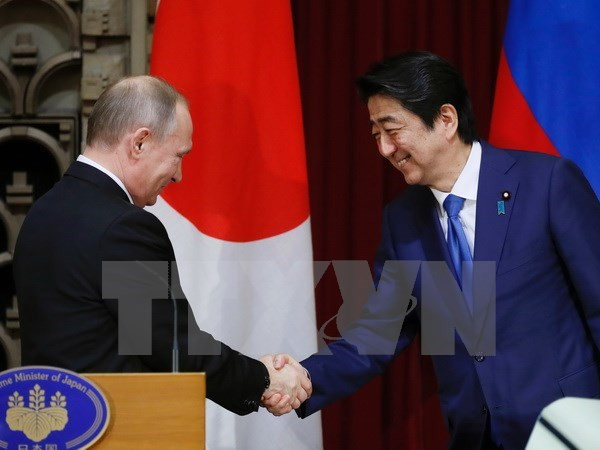 Tổng thống Nga Vladimir Putin (trái) và Thủ tướng Nhật Bản Shinzo Abe (phải) trong cuộc họp báo ở Tokyo ngày 16/12. (Nguồn: AFP/TTXVN) Sự kiện quốc tế 12-18/12: Nhiều tín hiệu vui trong tuần ảnh 3