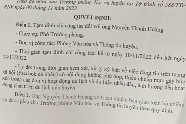 Thông tin mới vụ lãnh đạo phòng Văn hóa bị tạm đình chỉ công tác ảnh 1
