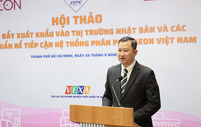 Ông Trần Phú Lữ, Giám đốc ITPC phát biểu tại hội thảo. (Ảnh: Xuân Anh/TTXVN) ttxvn _xuat_khau_vao_thi_truong_nhat_ban_va_quy_chuan_tiep_can_he_thong_phan_phoi_aeon_viet_nam3.jpg
