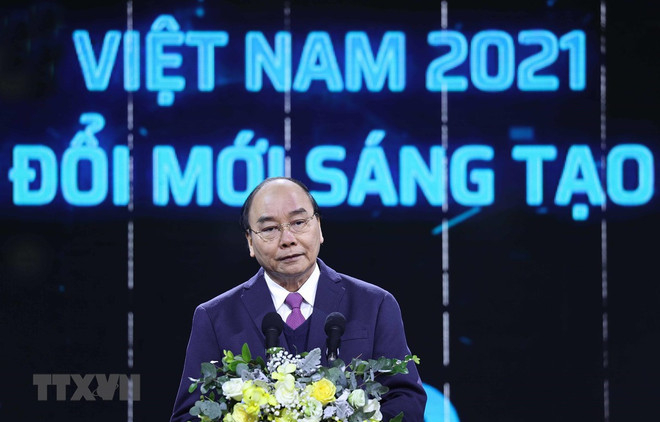 Thủ tướng Nguyễn Xuân Phúc phát biểu tại triển lãm quốc tế về đổi mới sáng tạo Việt Nam 2021. (Ảnh: Thống Nhất/TTXVN) Bộ Kế hoạch và Đầu tư: Đổi mới sáng tạo vì sự phát triển của quốc gia ảnh 1