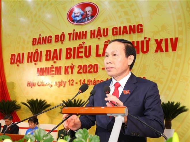 Bí thư Tỉnh ủy Hậu Giang Lê Tiến Châu phát biểu khai mạc Đại hội. (Ảnh: Duy Khương/TTXVN) Hậu Giang xác định ưu tiên phát triển nông nghiệp bền vững ảnh 1