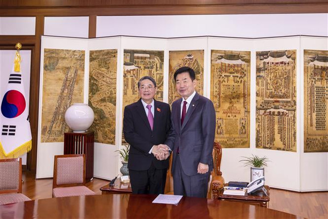 Chủ tịch Quốc hội Hàn Quốc Kim Jin-pyo (phải) tiếp Phó Chủ tịch Quốc hội Nguyễn Đức Hải tại Trụ sở Quốc hội Hàn Quốc. (Ảnh: Anh Nguyên/TTXVN) Việt Nam và Hàn Quốc quyết tâm phát triển mạnh mẽ quan hệ song phương ảnh 1