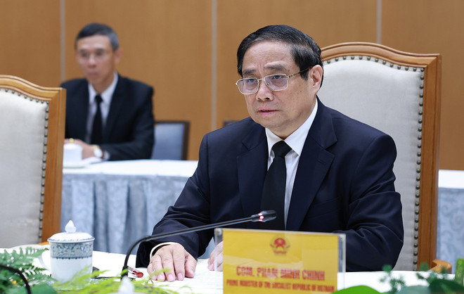 Thủ tướng Phạm Minh Chính phát biểu tại cuộc tiếp Tổng Bí thư, Chủ tịch nước Lào Thongloun Sisoulith. (Ảnh: Dương Giang/TTXVN) TTXVN_2607Thutuong4.jpg