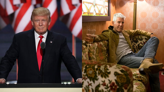 Tổng thống đắc cử Mỹ Donald Trump và đầu bếp Anthony Bourdain (Nguồn: foodandwine.com) Đầu bếp ăn bún chả với Obama thề không ăn cùng Donald Trump ảnh 1