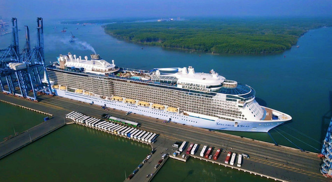 Tàu Spectrum of the Seas cập cảng Tân Cảng-Cái Mép (TCCT) thuộc thị xã Phú Mỹ, tỉnh Bà Rịa-Vũng Tàu. (Ảnh: TTXVN phát) Siêu tàu du lịch top 10 thế giới cập cảng ở Bà Rịa-Vũng Tàu ảnh 1
