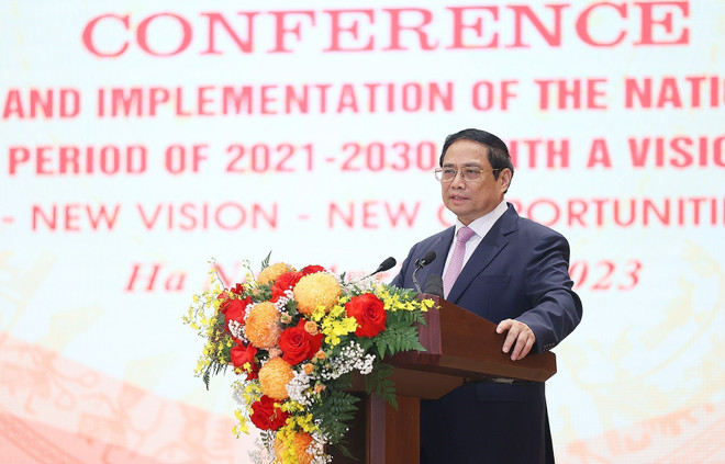 Thủ tướng Phạm Minh Chính phát biểu tại Hội nghị công bố và triển khai Quy hoạch tổng thể quốc gia thời kỳ 2021-2030, tầm nhìn đến năm 2050. (Ảnh: Dương Giang/TTXVN) Thực hiện tốt Quy hoạch tổng thể, xây dựng đất nước hùng cường ảnh 3