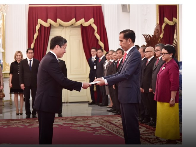 Đại sứ Phạm Vinh Quang trình Quốc thư lên Tổng thống Joko Widodo. (Ảnh: Antara) Hiện thực hóa những cơ hội mới trong quan hệ Việt Nam-Indonesia ảnh 1