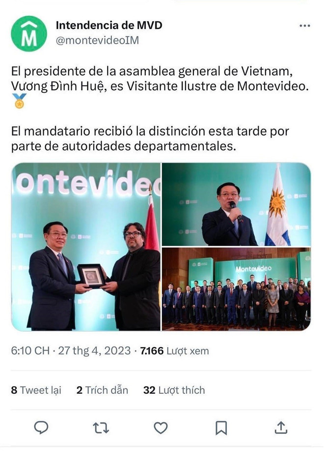 Sự kiện về lễ trao danh hiệu công dân danh dự cho Chủ tịch Quốc hội Vương Đình Huệ đăng tải trên trang Twitter của thành phố Montevideo đã thu hút trên 7.000 lượt xem. (Ảnh: Ngọc Tùng/TTXVN) Dư luận Uruguay về chuyến thăm của Chủ tịch Quốc hội Vương Đình Huệ ảnh 1