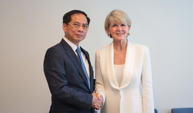 Phó Thủ tướng, Bộ trưởng Bộ Ngoại giao Bùi Thanh Sơn tiếp Đặc phái viên của Tổng Thư ký Liên hợp quốc về Myanmar Julie Bishop. (Ảnh: Thanh Tuấn/TTXVN) ttxvn_bui thanh son Julie Bishop.jpg