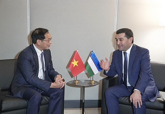 Phó Thủ tướng, Bộ trưởng Bộ Ngoại giao Bùi Thanh Sơn tiếp Bộ trưởng Ngoại giao Uzbekistan Bakhtiyor Saidov. (Ảnh: Thanh Tuấn/TTXVN) ttxvn_bui thanh son Bakhtiyor Saidov.jpeg