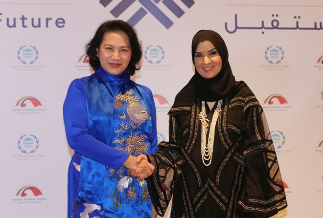 Chủ tịch Quốc hội Nguyễn Thị Kim Ngân tiếp Chủ tịch Quốc hội UAE, Al Qubaisi. (Ảnh: Trọng Đức/TTXVN) Thúc đẩy mối quan hệ hợp tác đầy tiềm năng Việt Nam-UAE ảnh 1