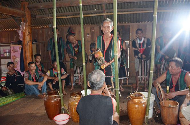 Thầy cúng cầu khấn mong thần linh phù hộ cho người được mừng thọ có sức khỏe, sống lâu cùng con cháu. (Ảnh: Hoài Thu/TTXVN) Tái hiện, bảo tồn Lễ mừng thọ của người M’nông tại Đắk Lắk ảnh 2