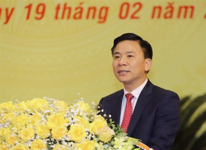Ông Đỗ Trọng Hưng, Bí thư tỉnh ủy phát biểu tại buổi lễ. (Ảnh: Trịnh Duy Hưng/TTXVN) Thanh Hóa kỷ niệm 75 năm ngày Bác Hồ lần đầu tiên về thăm ảnh 2
