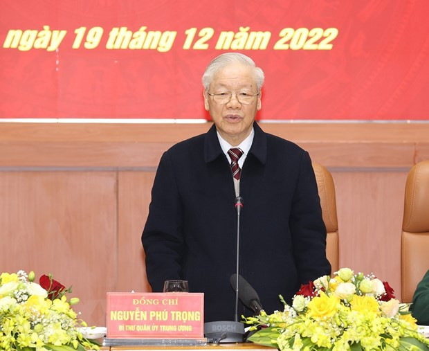 Tổng Bí thư Nguyễn Phú Trọng, Bí thư Quân ủy Trung ương, phát biểu kết luận hội nghị Quân chính toàn quân năm 2022. (Ảnh: Trí Dũng/TTXVN) Lực lượng nòng cốt trong đấu tranh giải phóng dân tộc, bảo vệ Tổ quốc ảnh 3