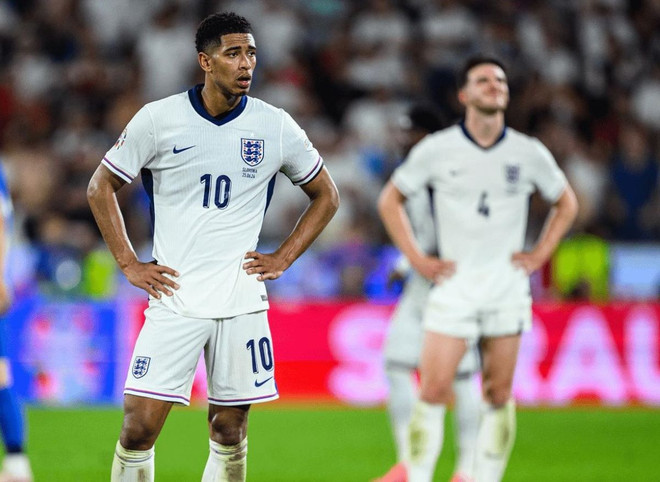 Anh đang bị nghi ngờ về sức mạnh thực sự tại EURO 2024. (Nguồn: Getty Images) jude-bellingham-reacts-to-england-0-0-slovenia.jpg