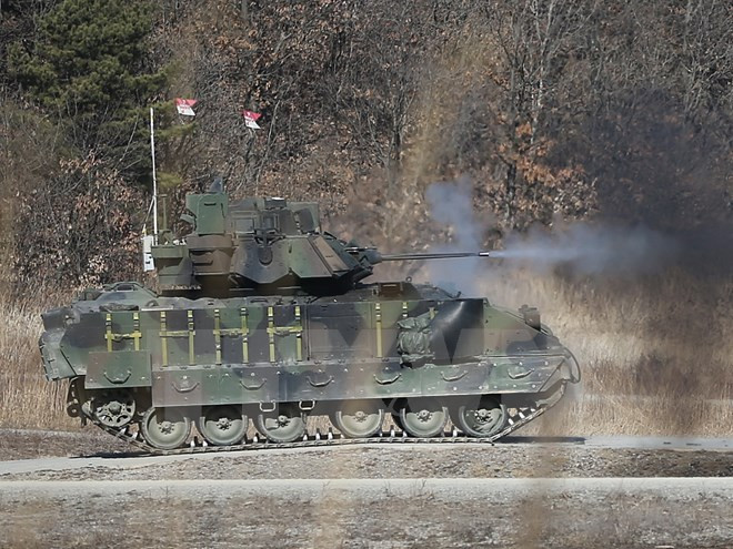 Xe bọc thép Mỹ diễu hành rầm rộ trên đường phố từ Estonia tới Đức ảnh 1