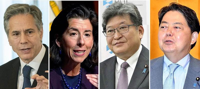 Từ trái qua: Ngoại trưởng Mỹ Antony Blinken, Bộ trưởng Thương mại Mỹ Gina Raimondo, Bộ trưởng Kinh tế, Thương mại và Công nghiệp Koichi Hagiuda, Bộ trưởng Ngoại giao Yoshimasa Hayashi. (Nguồn: AP) Đối thoại kinh tế "2+2" Nhật-Mỹ sẽ thảo luận hợp tác nhiều lĩnh vực ảnh 1