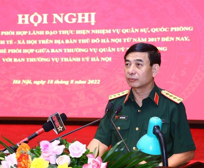 Đại tướng Phan Văn Giang, Bộ trưởng Bộ Quốc phòng phát biểu. (Ảnh: Văn Điệp/TTXVN) Tạo môi trường ổn định để xây dựng, phát triển Thủ đô và đất nước ảnh 2