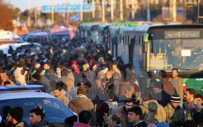 Đoàn đưa người dân sơ tán khỏi miền đông Aleppo ngày 15/12. (Nguồn: AP/TTXVN) Liên hợp quốc triển khai hàng chục quan sát viên đến Aleppo ảnh 1