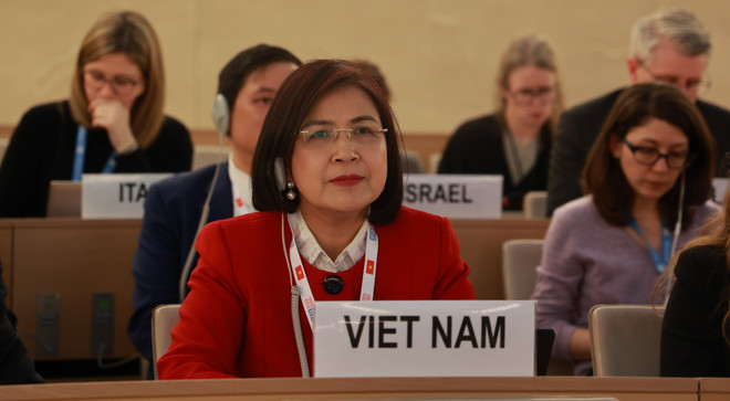 Ngày 3/4/2023, tại trụ sở Văn phòng Liên hợp quốc tại Geneva (Thụy Sỹ), Hội đồng Nhân quyền Liên hợp quốc đã đồng thuận thông qua Nghị quyết kỷ niệm 75 năm Tuyên ngôn quốc tế về nhân quyền (UDHR), 30 năm Tuyên bố và Chương trình hành động Viên (VDPA) do Việt Nam đề xuất, soạn thảo. Đây là dấu ấn nổi bật của Việt Nam ngay trong khóa họp đầu tiên đảm nhận cương vị thành viên Hội đồng Nhân quyền nhiệm kỳ 2023-2025. (Ảnh: Nguyễn Tuấn/TTXVN) ttxvn_le thi tuyet mai hoi dong nhan quyen.jpg