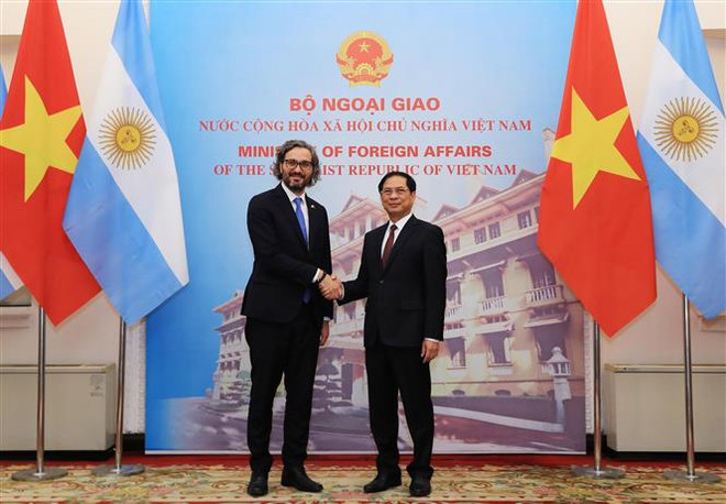 Bộ trưởng Ngoại giao Bùi Thanh Sơn với Bộ trưởng Ngoại giao, Ngoại thương và Tôn giáo Argentina Santiago Andres Cafiero. (Ảnh: Lâm Khánh/TTXVN) Củng cố, mở rộng quan hệ hợp tác Việt Nam-Argentina ảnh 1