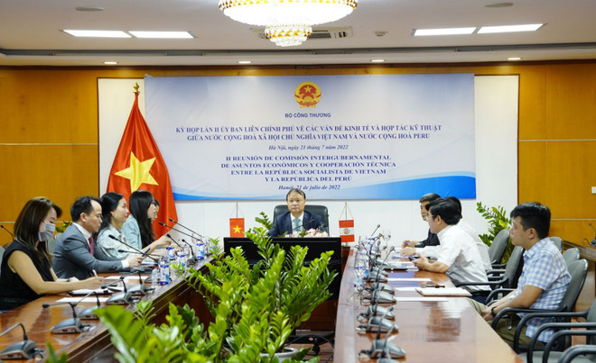 Thứ trưởng Bộ Công Thương Đỗ Thắng Hải Kỳ họp lần 2 Ủy ban liên Chính phủ về các vấn đề kinh tế và hợp tác kỹ thuật Việt Nam-Peru theo hình thức trực tuyến tại đầu cầu Hà Nội. (Nguồn: Bộ Công Thương) Dư địa tăng trưởng thương mại giữa Việt Nam-Peru còn rất lớn ảnh 1