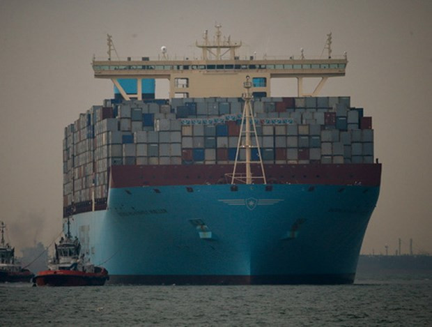 Tàu hàng Maersk Tigris chờ container lưu thông trên biển. (Nguồn: rt.com) Cước vận tải biển tăng phi mã: Doanh nghiệp lao đao, hãng tàu vớ bẫm ảnh 2