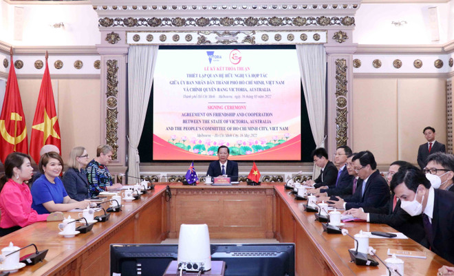 Quang cảnh buổi hội đàm tại đầu cầu Thành phố Hồ Chí Minh. (Ảnh: Xuân Khu/TTXVN) Thành phố Hồ Chí Minh tăng cường hợp tác với bang Victoria ảnh 1