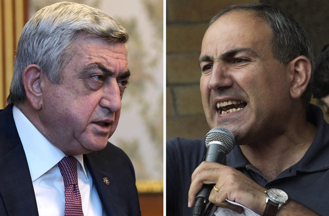 Tân Thủ tướng Armenia Serzh Sarkisian (ảnh, trái) đề xuất tiến hành "đối thoại chính trị" với thủ lĩnh phe đối lập Nikol Pashinyan. (Nguồn: AFP/TTXVN) Armenia bắt giữ thủ lĩnh phe đối lập tham gia biểu tình ảnh 1