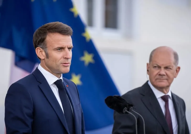 Tổng thống Pháp Macron phát biểu. (Nguồn: dpa) Macron_Scholz_2905-2.png
