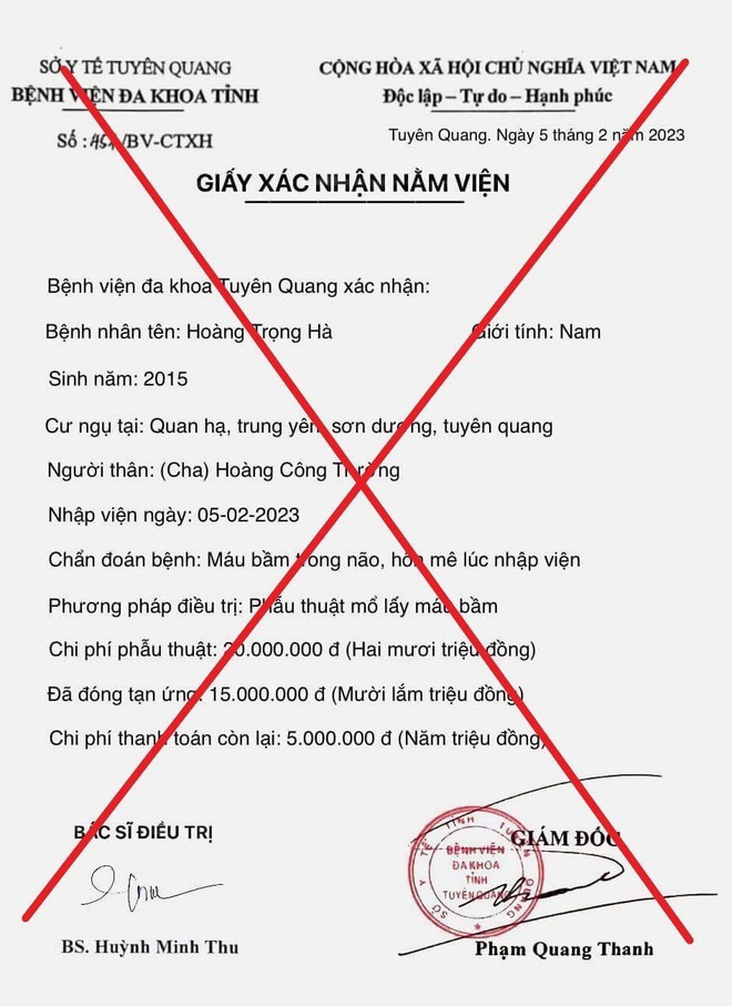Giấy xác nhận nằm việm giả mạo Bệnh viện Đa khoa tỉnh Tuyên Quang. (Ảnh: TTXVN phát) Giả mạo giấy tờ của bệnh viện để lừa đảo, quyên góp tiền chữa bệnh ảnh 2