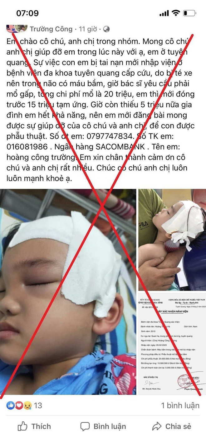 Bệnh viện đa khoa tỉnh Tuyên Quang không tiếp nhận và điều trị nội trú cho bệnh nhân nhi nào tên là Hoàng Trọng Hà như trong ảnh đăng trên mạng xã hội. (Ảnh: TTXVN phát) Giả mạo giấy tờ của bệnh viện để lừa đảo, quyên góp tiền chữa bệnh ảnh 3