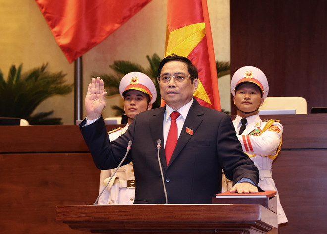 Thủ tướng Phạm Minh Chính tuyên thệ nhậm chức trước Quốc hội, đồng bào và cử tri cả nước. (Ảnh: Dương Giang/TTXVN) Thủ tướng Nội các Triều Tiên chúc mừng Thủ tướng Phạm Minh Chính ảnh 1