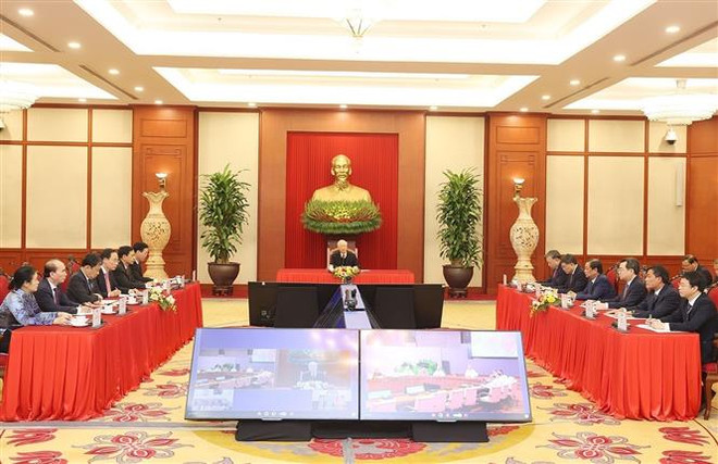 Tổng Bí thư Nguyễn Phú Trọng điện đàm trực tuyến với Bí thư Thứ nhất Ban Chấp hành Trung ương Đảng Cộng sản Cuba, Chủ tịch nước Cộng hòa Cuba, Miguel Díaz-Canel Bermudez. (Ảnh: Trí Dũng/TTXVN) Tổng Bí thư Nguyễn Phú Trọng điện đàm với Bí thư thứ nhất Đảng CS Cuba ảnh 1