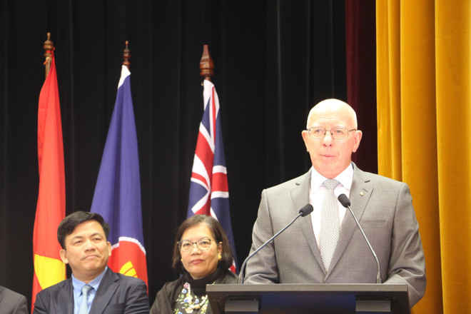 Toàn quyền Australia David Hurley phát biểu tại Lễ kỷ niệm. (Ảnh: Nguyễn Minh/Vietnam+) Trang trọng Lễ kỷ niệm 52 năm thành lập ASEAN tại Australia ảnh 1