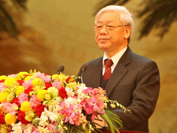 Tổng Bí thư Nguyễn Phú Trọng đọc diễn văn tại buổi lễ. (Ảnh: Thống Nhất/TTXVN) Kỷ niệm trọng thể 85 năm ngày thành lập Đảng Cộng sản Việt Nam ảnh 1