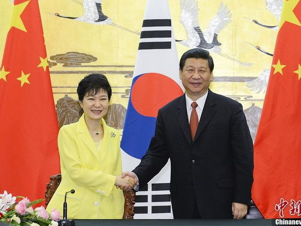 Chủ tịch Trung Quốc Tập Cận Bình (phải) bắt tay với Tổng thống Hàn Quốc Park Geun-hye tại Đại lễ đường Nhân dân ở Bắc Kinh ngày 27/6/2013. (Nguồn: Tân hoa xã) Trung-Hàn sẽ gặp gỡ thượng đỉnh bên lề hội nghị APEC ở Bắc Kinh ảnh 1