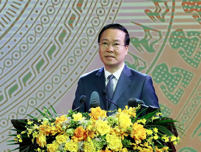 Chủ tịch nước Võ Văn Thưởng phát biểu. (Ảnh: Lâm Khánh/TTXVN) Phát biểu của Chủ tịch nước tại Lễ trao tặng Giải thưởng Hồ Chí Minh ảnh 1