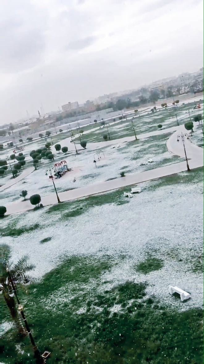 Tuyết rơi trắng tại Saudi Arabia. (Nguồn: rt.com) Bất ngờ với tuyết rơi trắng xóa trên sa mạc cát tại Saudi Arabia ảnh 3