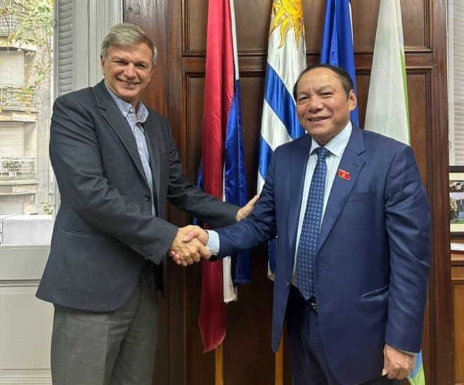 Bộ trưởng Bộ Văn hóa, Thể thao và Du lịch Nguyễn Văn Hùng làm việc với Ngài Sebastián Bauzá, Bộ trưởng Bộ Thể thao Đông Uruguay. (Ảnh: TTXVN phát) Uruguay sẵn sàng hỗ trợ Việt Nam phát triển môn thể thao bóng đá ảnh 1