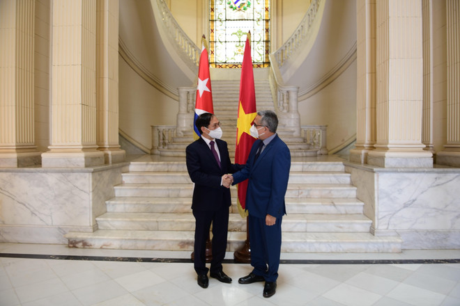Bộ trưởng Ngoại giao Bùi Thanh Sơn và Quyền Bộ trưởng Ngoại giao Cuba Marcelino Medina. (Ảnh: TTXVN phát) Bộ trưởng Bùi Thanh Sơn gặp song phương quyền Ngoại trưởng Cuba ảnh 1
