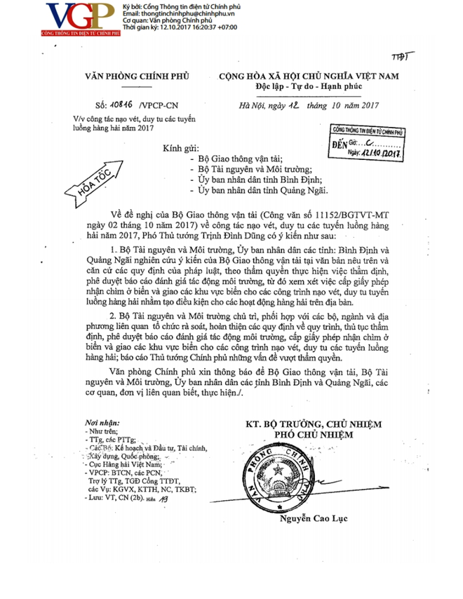 Công văn số 10816/VPCP-CN của Văn phòng Chính phủ về công tác nạo vét, duy tu các tuyến hàng hải năm 2017. Hoàn thiện các quy định về quy trình cấp giấy phép nhận chìm ở biển ảnh 2